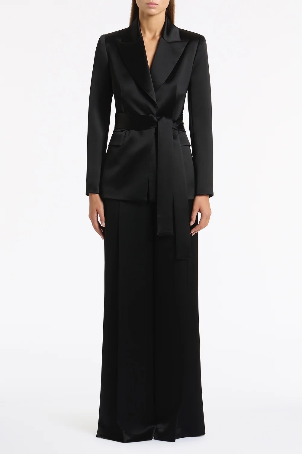 CARLA ZAMPATTI- BLACK SATIN ACETATE TIE WAIST BLAZER SUIT